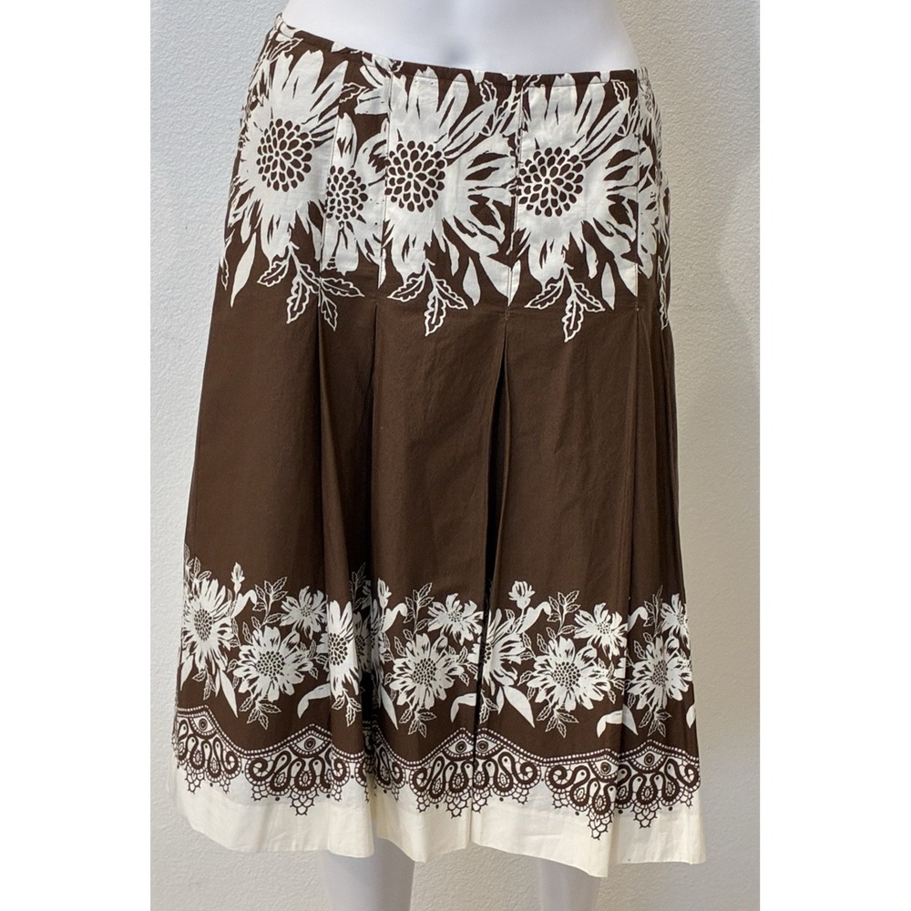Ann Taylor Pleated Brown Floral Skirt Womens 4  A Line 100% Cotton Classic Boho